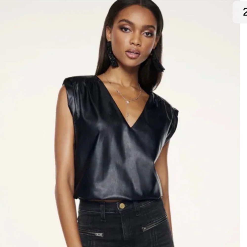 Ramy Brook Black V-Neck Faux Leather Annabelle Blouse with Shoulder Pads